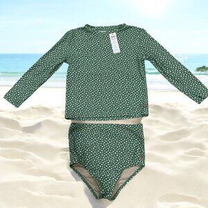 Honey Mark 9/10 Floral Long Sleeve Rash Guard Bikini Set Kids Green White Swimwe